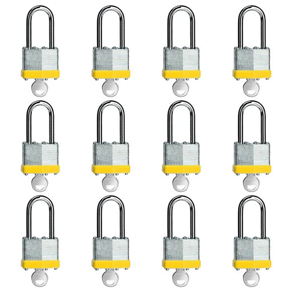 Lqyn Paquete de 12 Candados con Llave Laminada (1-9/16"" 40 Mm) Candados con Llaves Iguales Candado con Grillete Largo de Aro Amarillo para Casillero de Gimnasio Maleta de Equipaje Caja de Herramienta