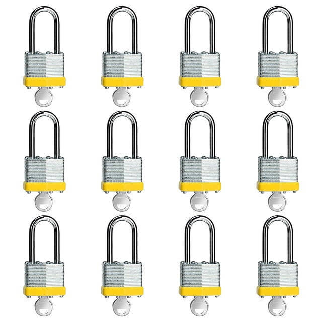Lqyn Paquete de 12 Candados con Llave Laminada (1-9/16"" 40 Mm) Candados con Llaves Iguales Candado con Grillete Largo de Aro Amarillo para Casillero de Gimnasio Maleta de Equipaje Caja de Herramienta