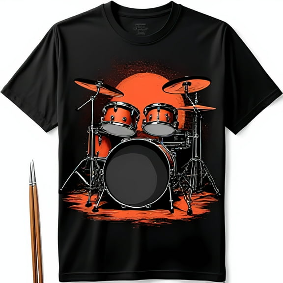 Cool Black T-Shirt with Classic Drum Set Graphic on Red and Background