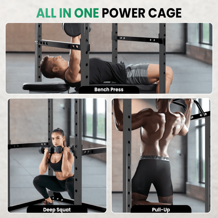 Black Power Rack, 44.3" (L) × 45.6" (W) × 81.5" (H), Rugged Steel Frame, Easy Assembly, 1200LBS, Long-Lasting Durability, Lifting Cage, Home Gym, Loft, Small Apartment