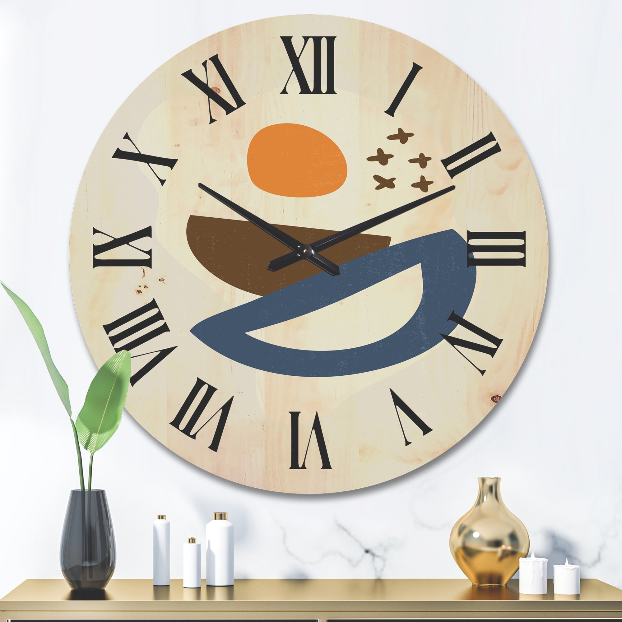Designart 'Abstract Moon and Sun Geometric Print I' Modern Wood Wall Clock