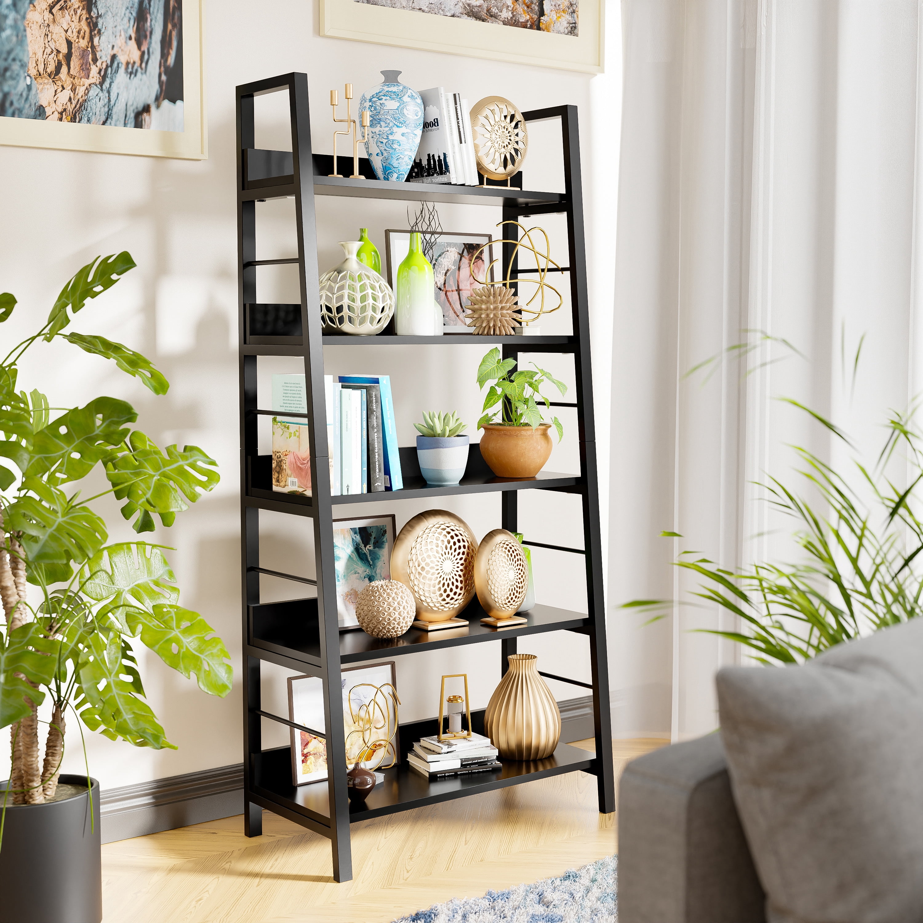 Legooin 5-Tier Modern Ladder Bookcase with Wood Shelves Metal Frame, for Office Home Kitchen Pantry Living Room, Black