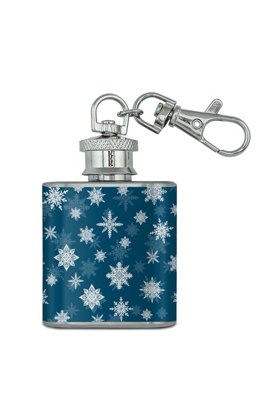 Snowflakes on Blue Tile Pattern Stainless Steel 1oz Mini Flask Key Chain