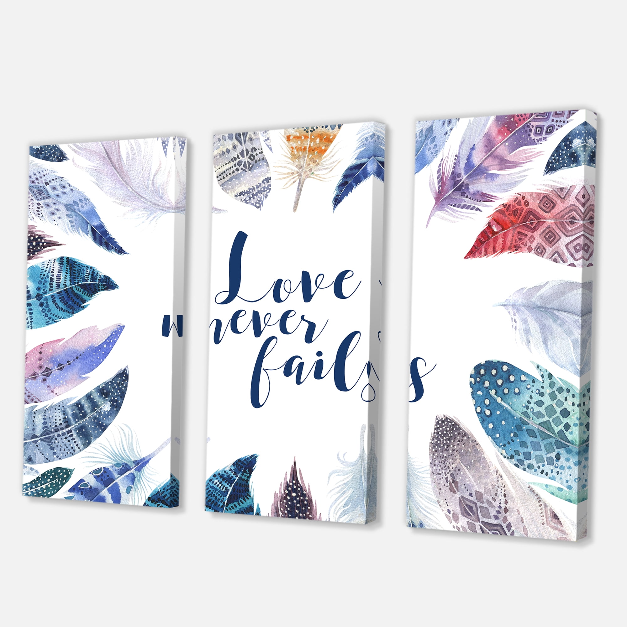 Designart ' Inspiring Quote With Boho Feathers ' Bohemian & Eclectic Canvas Wall Art Print