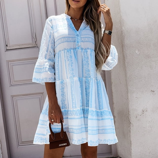 Pisexur Robe à Manches Longues Col en V Longueur Genou pour Femmes Printemps et Mi-Manches Col en V Taille Ample Imprimé Chandail Robe de Tempérament Blouse pour Femmes