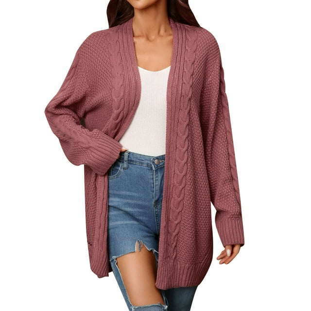 Ladies Winter Fashion Coat Long Sleeve Open Front Cardigan Crew Neck Knitwear Solid Color Overcoat Mid Length Trench Coat Cable Knitted Warm Outer Coat
