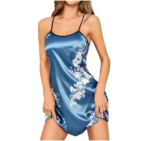 YanQiao Women s Pajama Satin Sexy Lace Lingerie Robe Pjs Silk Sleepwear L Blue