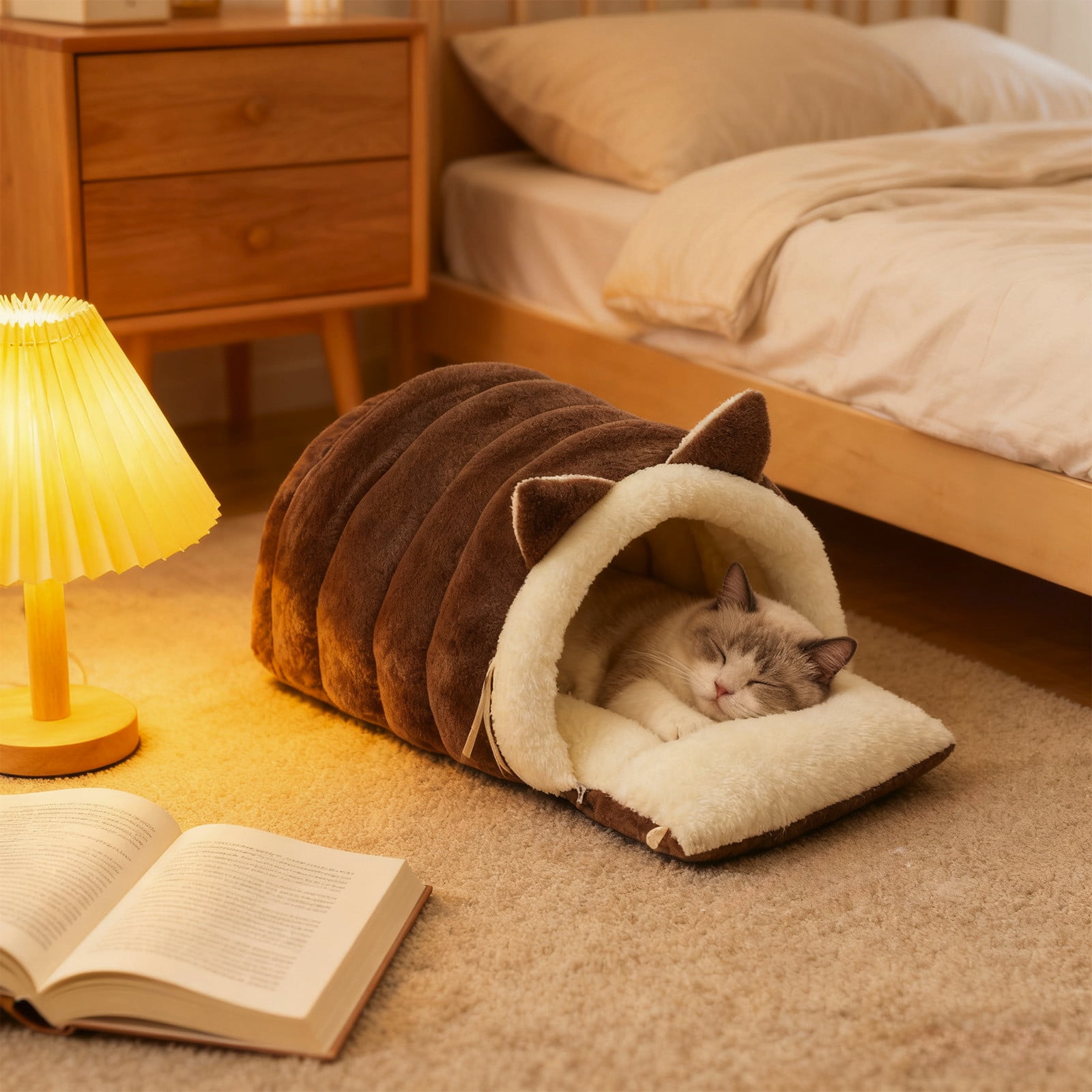 SPOORYYO Upgraded Warm Cat Bed for Winter Cozy Snuggles Calming Anti Anxiety Cuddler Bed with Removable Cushion