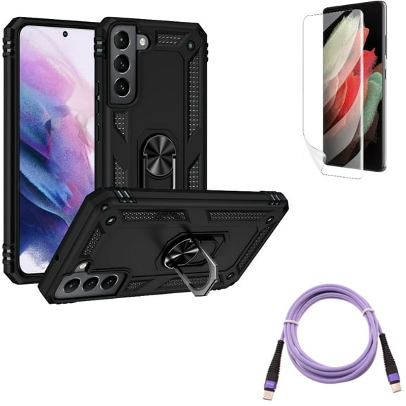 Hybrid Case Cover & Matte Screen Protector & Purple 6ft PD Cable for Samsung Galaxy S22 Plus (S22 ) - Combo Metal Ring Kickstand & TPU Film Anti-Glare & Type-C to USB-C Long Charger Cord Power