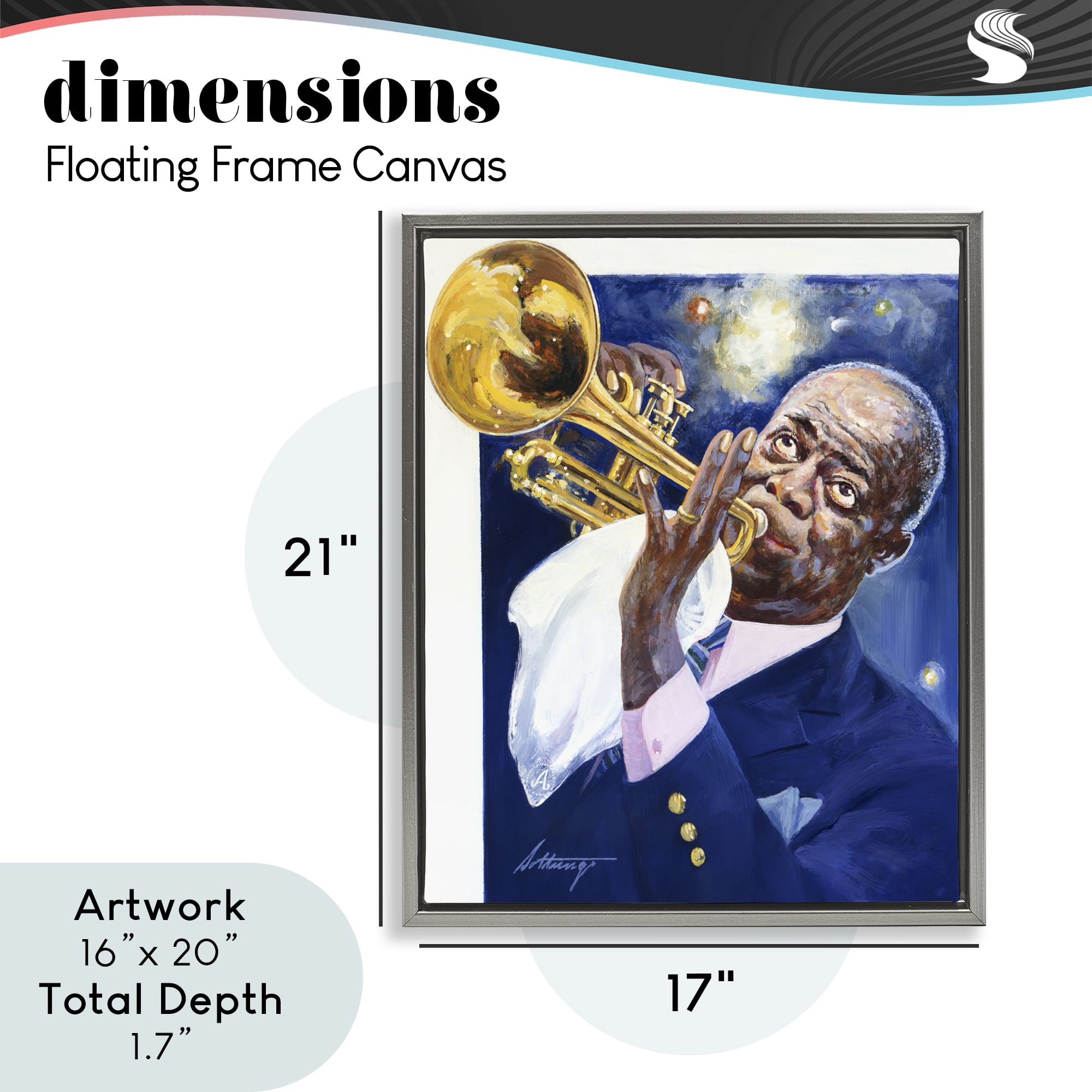 Louis Armstrong Portrait Gray Framed Floater Canvas Wall Art, design by Wind River Studios