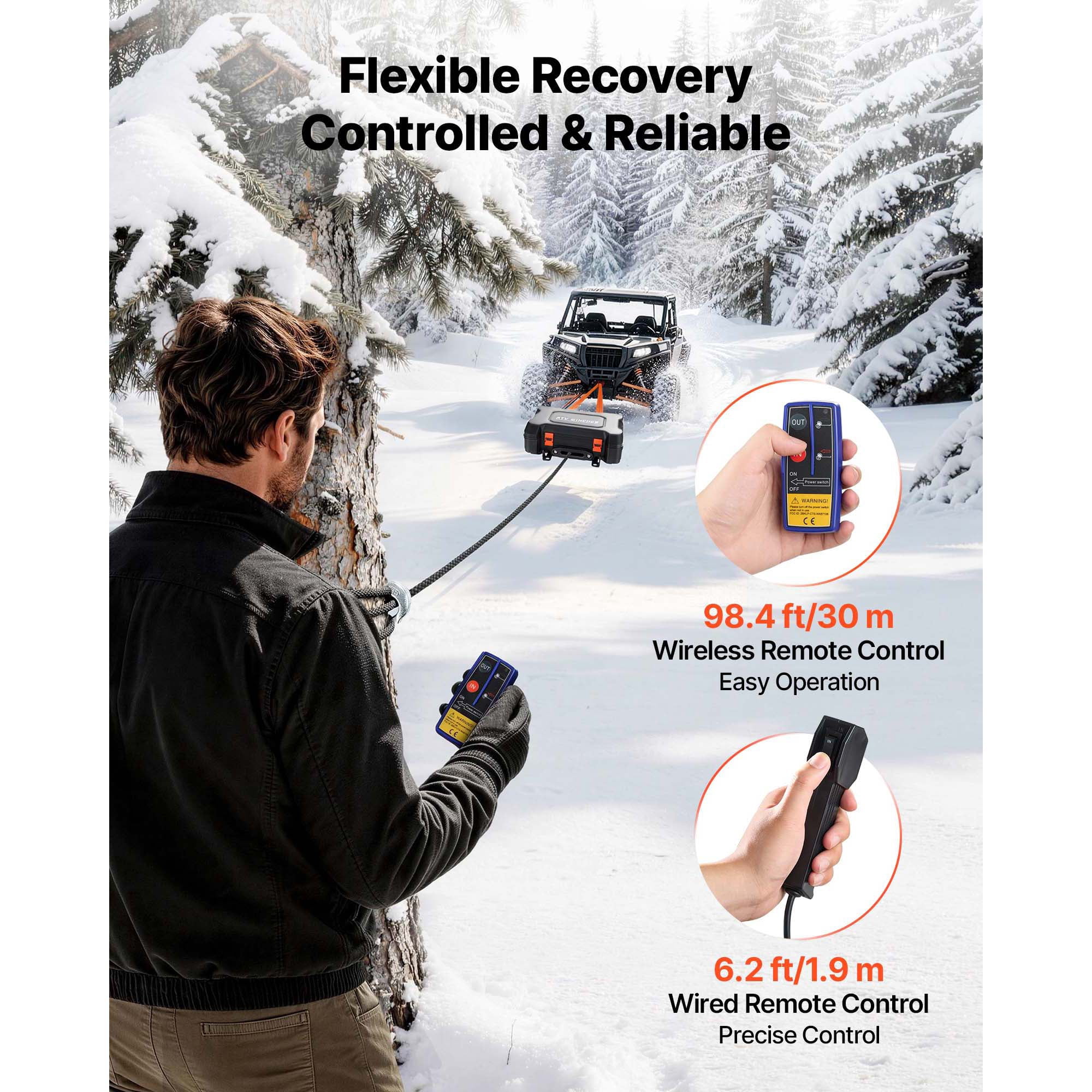 KFFKFF Portable 12V DC Electric Winch, 6000 lbs Capacity with Synthetic Rope, Wireless & Wired Remotes, Recovery Kit Including Fairlead, Hook, and Strap for ATV UTV Off-Road Pulling Applications