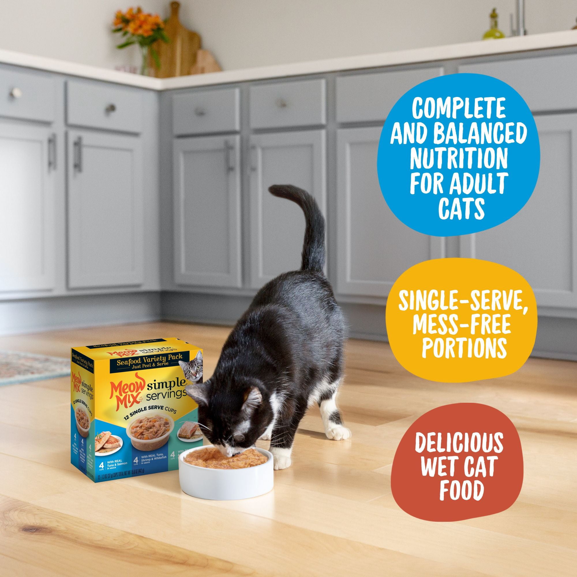 Meow Mix Simple Servings Seafood Variety Pack Wet Cat Food, 12 Single Serve Cups (Packaging May Vary)
