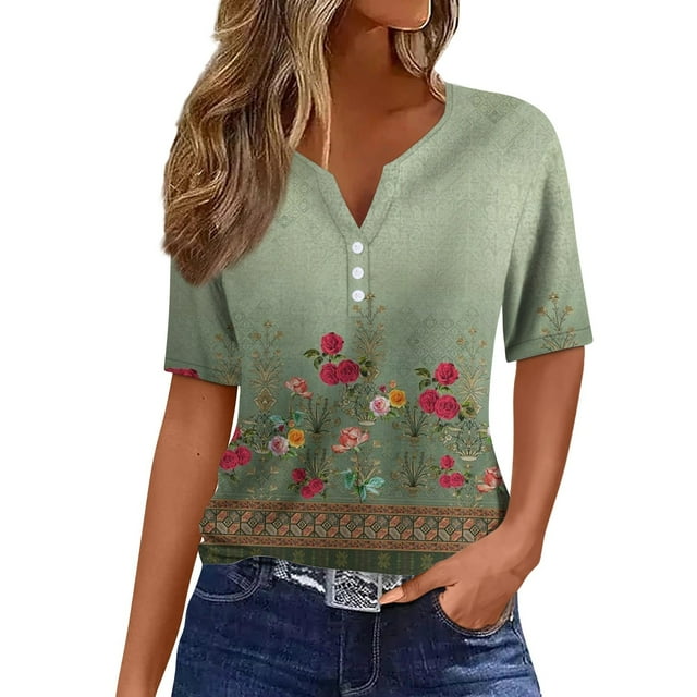 Camiseta de mujer Camiseta con estampado de botones Manga corta Diario Fin de semana Moda Básica Cuello en V Top regular Verde / M