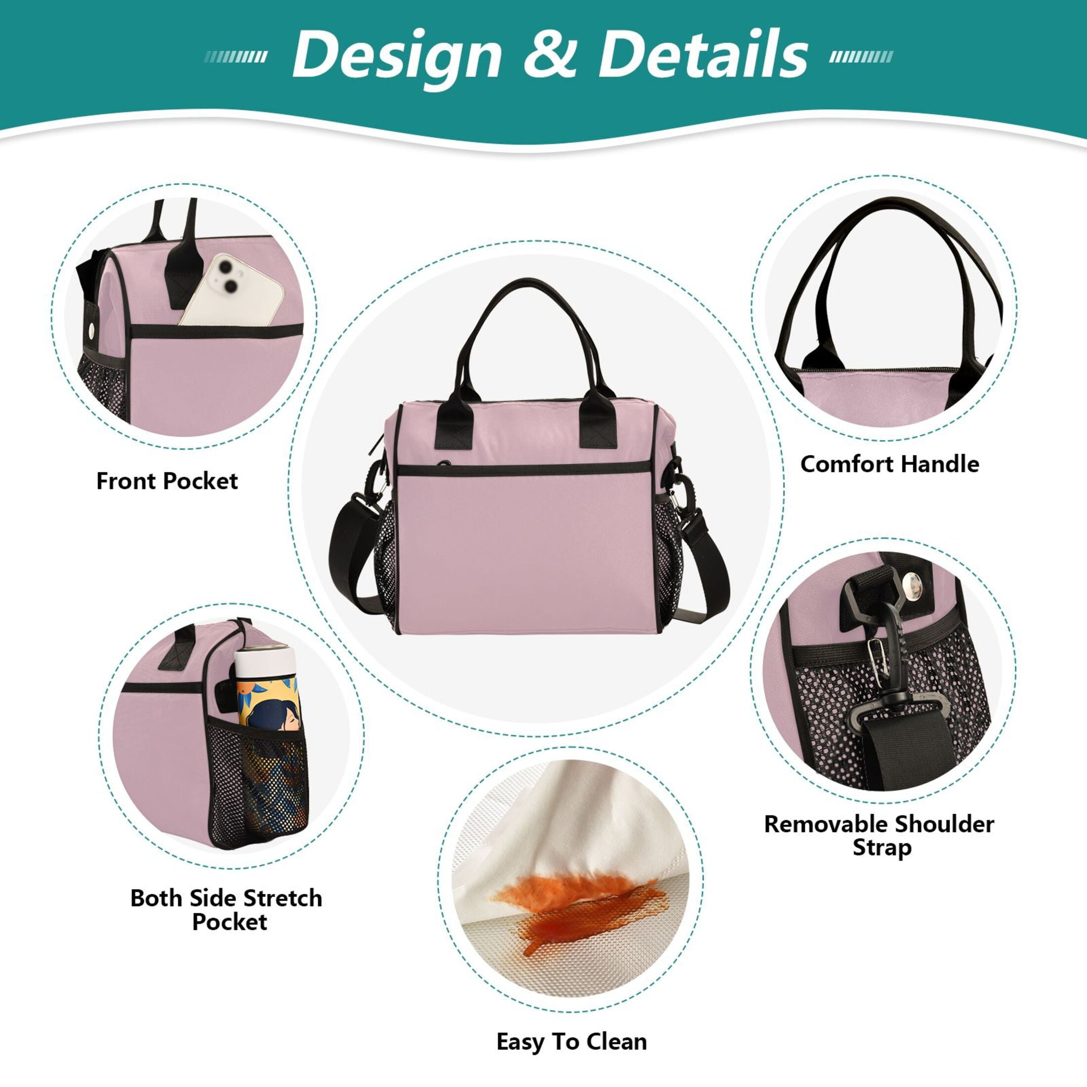 Pale Mauve Lunch Bag Insulated Lunch Box Leakproof Reusable Cooler Tote Adjustable Shoulder Strap for Men Women 12L