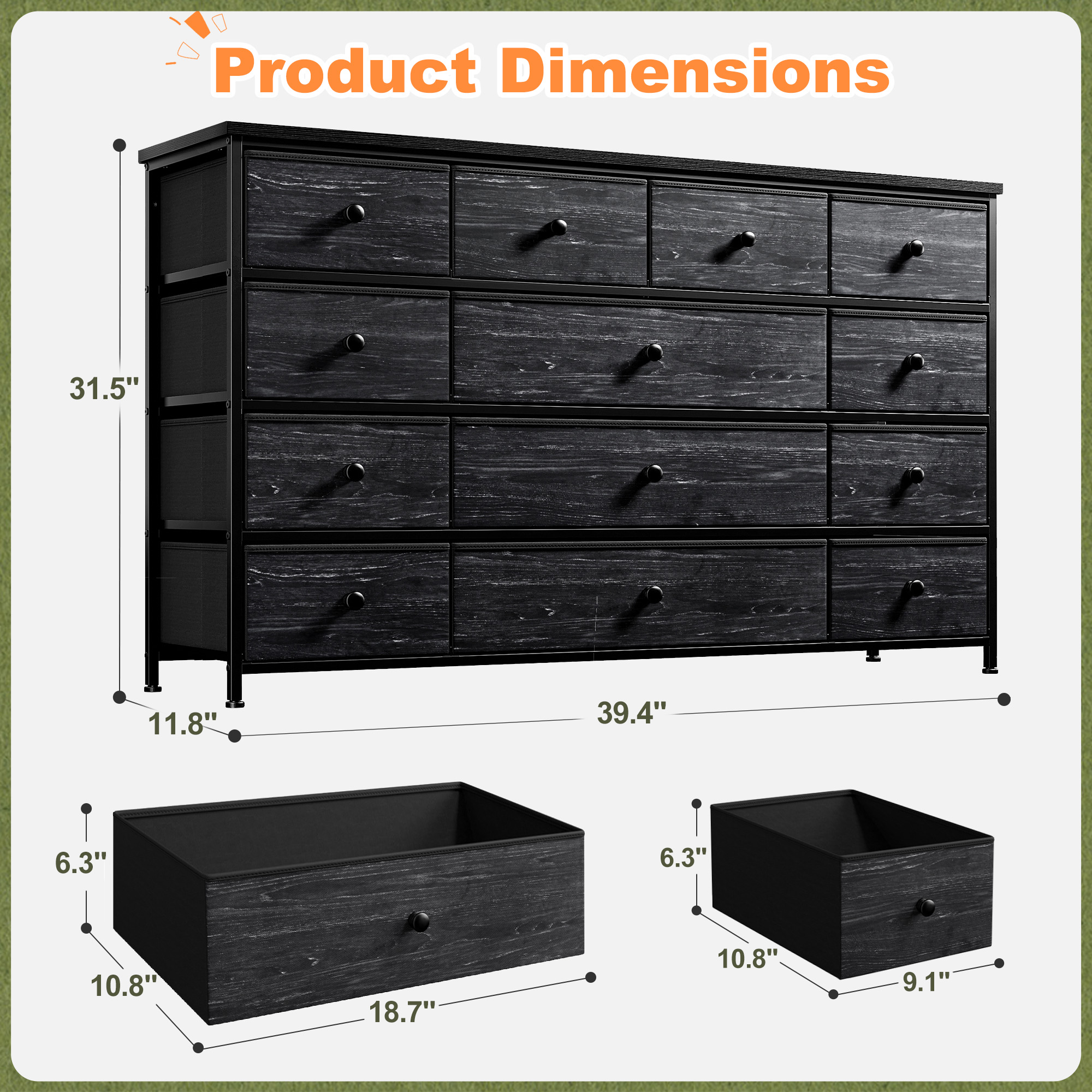 Romorgniz Dresser TV Stand, 13 Drawer Dressers for Bedroom, Chest of Drawers for 45" Long TV, Fabric Dresser for Storage, Black