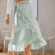 thumbnail image 5 of Falda cruzada con lazo para mujer, estampado floral, ribete con volantes, diseño dividido, longitud media, dobladillo fluido, falda de verano con forro, 5 of 6