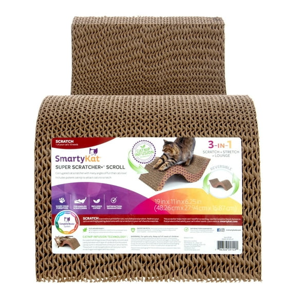 SmartyKat Super Scratcher & Scroll, Wide Corrugated Cat Scratcher for Indoor Cat & Kittens, Catnip Infusion Technology, Recycled Material, Brown