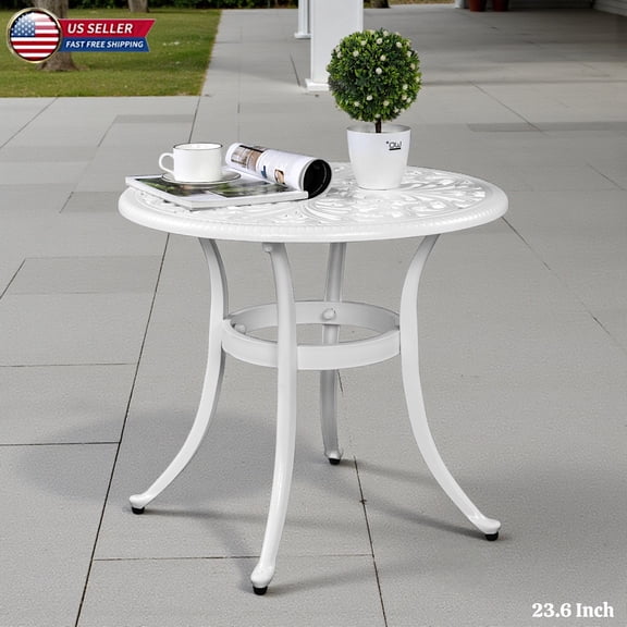 Hassch Aluminum Patio Table with Phoenix Motif, 23.6" Round Outdoor Bistro Table with Umbrella Hole, Weather-Resistant for Garden, Balcony, or Poolside (White)