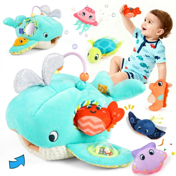 Flooyes Plush Ocean Animal Toy Set, 5 Sea Animals with Whale, Manta Ray, Turtle, Jellyfish, Crab, Seahorse, Shell, Birthday Gift Toys for  Kids Boys Girls 3 4 5 6
