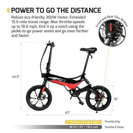 SWAGTRON EB7 Elite 16" Long-Range Folding eBike w/15.5 mi Max Operating Range & 18.6 mph Max Speed - Black