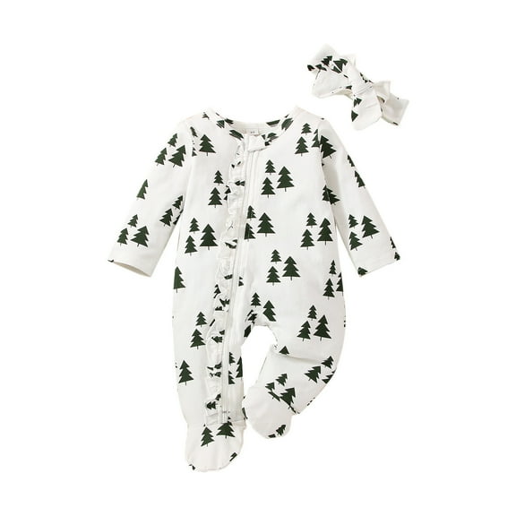 Otqutp Toddler Xmas Clothes Set for Autumn Baby Girls Boys Print Autumn Long Sleeve Footed Romper Jumpsuit Headbands Clothes(White,3-6 Months)