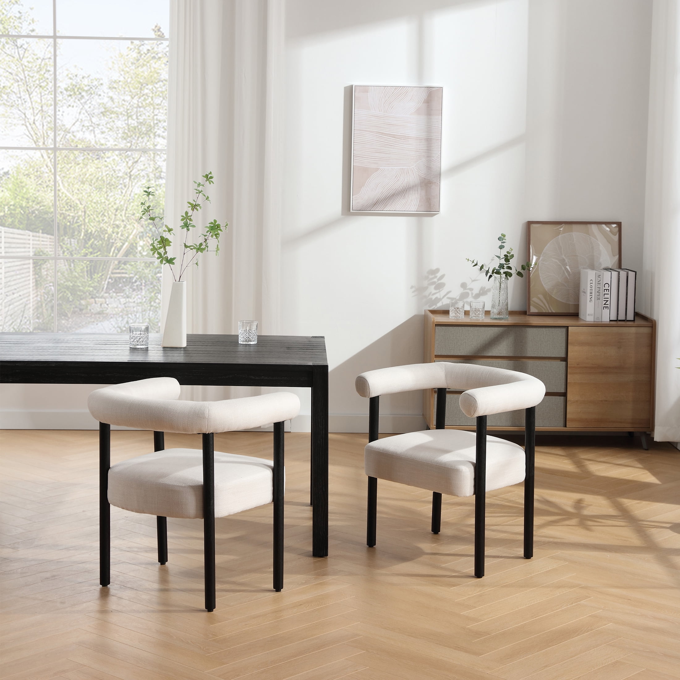 Guyou Modern Barrel Dining Chairs Set of 2, Mid-Century Farmhouse Kitchen Chairs with Curved Back, Wooden Linen Upholstered Dining Side Chairs for Dining Room Living Room Kitchen, Beige