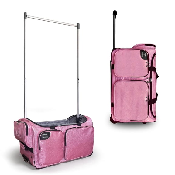 NEW! Travolution Dance Bag with Garment Rack, 23 Inch Rolling Duffel With Wheels, Ideal for Competitions & Travel, Easy-assembly Lightweight Aluminum Clothes Rack (Glitter Pink)