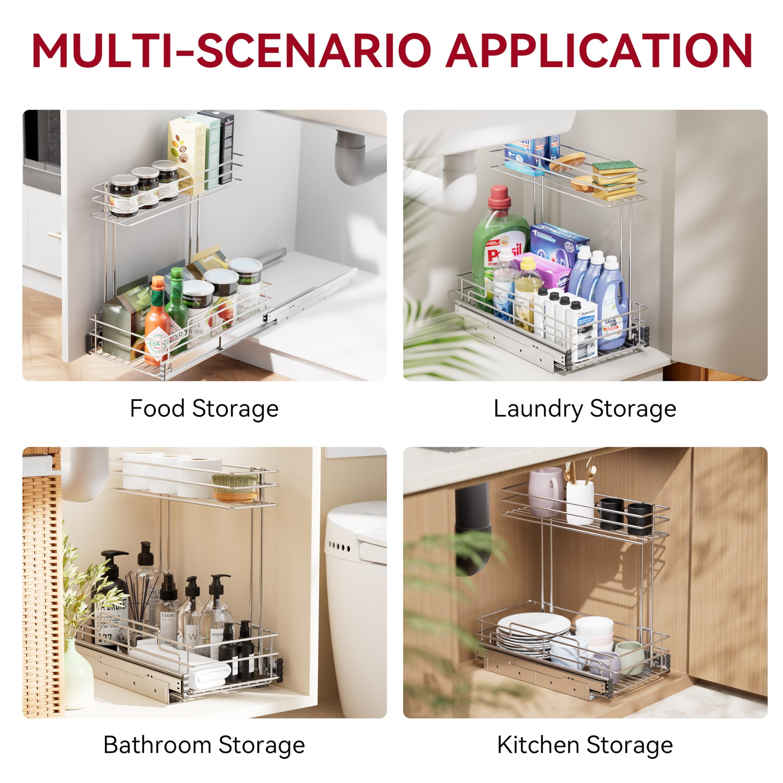 STORKING Under Sink 2-Tier Pull-Out Organizer, 9"W x 17"D Chrome Plated, for Kitchen Bathroom Pantry Closet Rack, 2 Pack