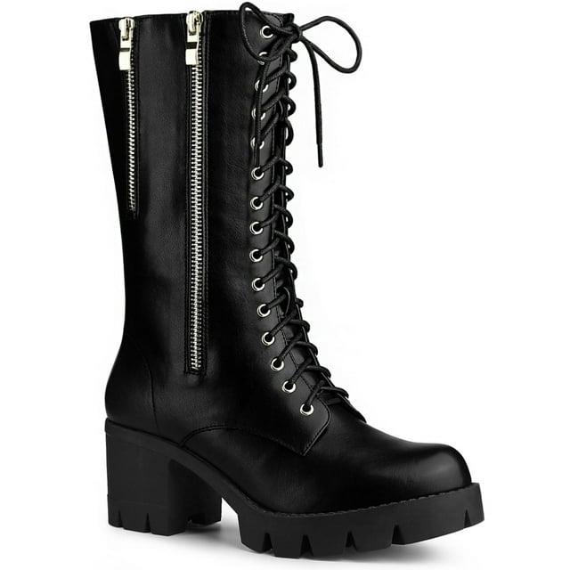 Unique Bargains Bottes de Combat Mi-Mollet à Plateforme à Lacets à Talons Épais pour Femmes