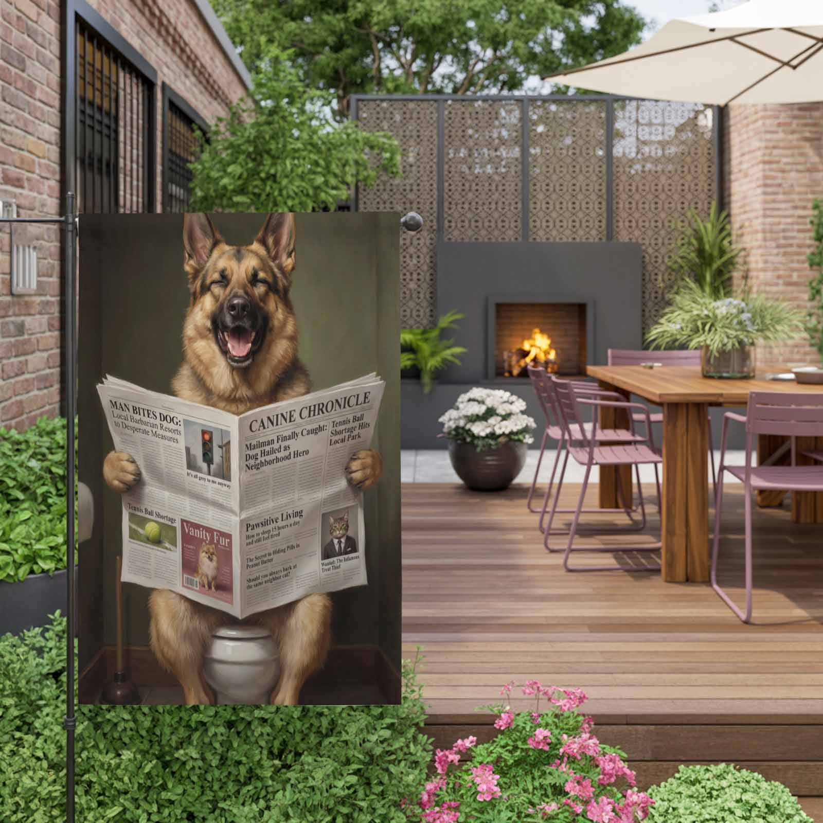 Funny Dog Puppy House Flag 28 x 40 Inches, Cute German Shepherd Cartoon Newspaper Toilet Weather Proof Outdoor Patio Flags Double Sided Small House Decoration for Yard Lawn Outside Home