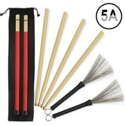 5A Drumsticks, 2 Pairs Classic High Quality Maple Drum Stick Sets With Retractable Wire Drum Brush and Professional New