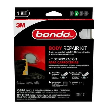Bondo Body Repair Kit Ready Mix Pouches, Repairs One Large Hole Up to 3" with Patch, 1 Original Filler & Hardener, 1 Fiberglass Filler & Hardener, 1 Self-Adhesive Body Patch, 1 Spreader BRKIT-2PK-ES