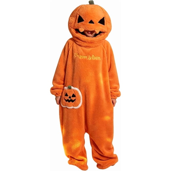 Guvpev Adult's Pumpkin Onesie Halloween Costume, Unisex Plush Fleece Jack-o-Lantern Cosplay Pajamas Jumpsuit, Soft Cozy Thickened Casual Loungewear Outfits