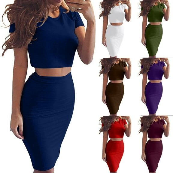 WRKEKC 2 Piece Sets for Women, Summer Outfits for Women, Ladies' Summer Solid Color Round Neck Short Sleeve Cropped Tops and Short Wrap Buttocks Skirt Outfits Sets