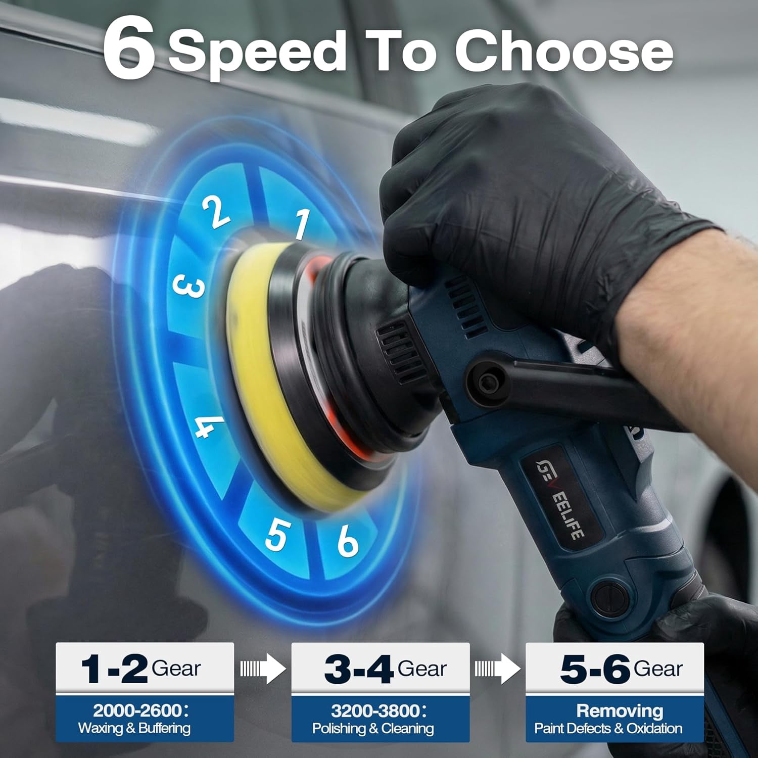 GEVEELIFE Buffer Polisher, 15mm Dual Action Random Orbital Polisher, 5 Inch/6 Inch Car Detailing Kit, 6 Variable Speed 2000-5200 RPM – Professional Car Buffer for Trucks and SUVs