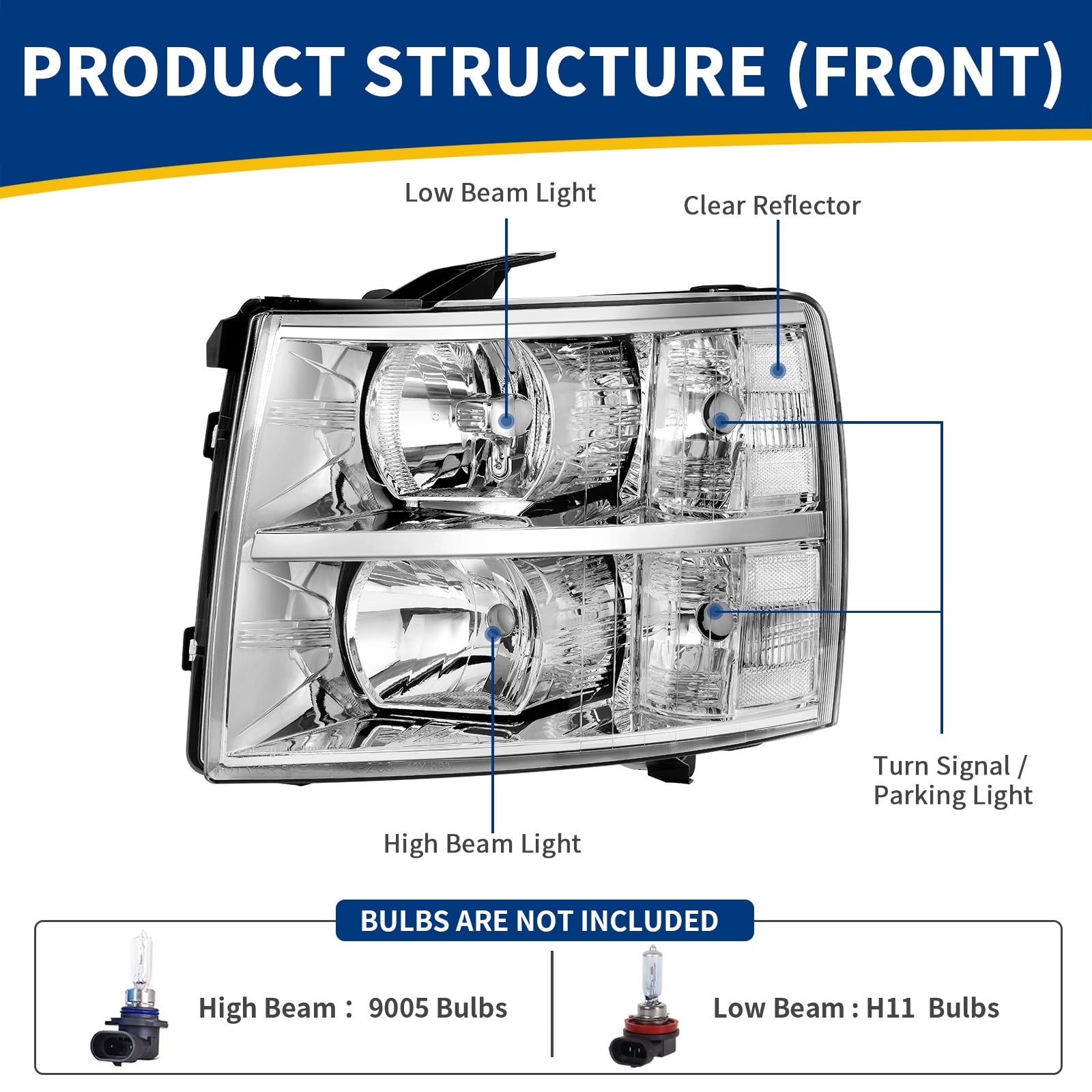 RVNI Fit For 07-13 Chevy Silverado 1500 2500 3500 Clear Corner Headlights Replacement