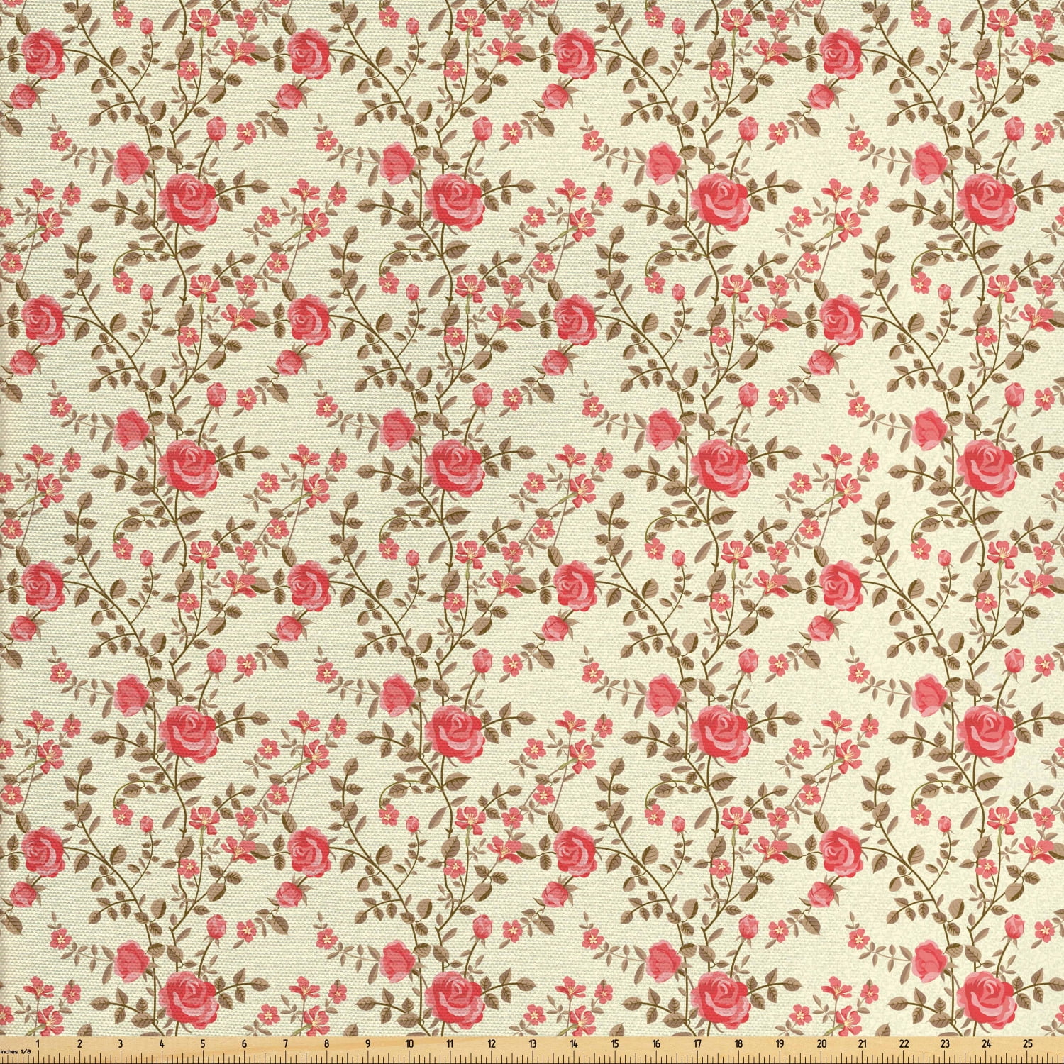 Rose Fabric by The Yard, Rustic Pattern with Floral Stems Old Fashion
