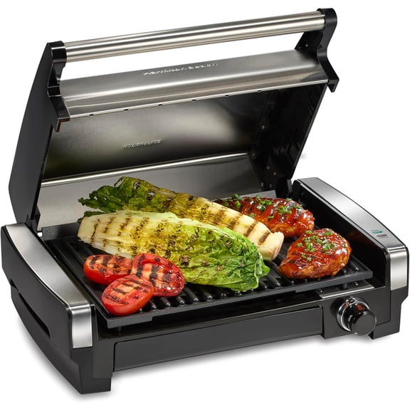 Adjustable Temperature Indoor Electric Grill with Nonstick Grate and Stainless Steel Finish