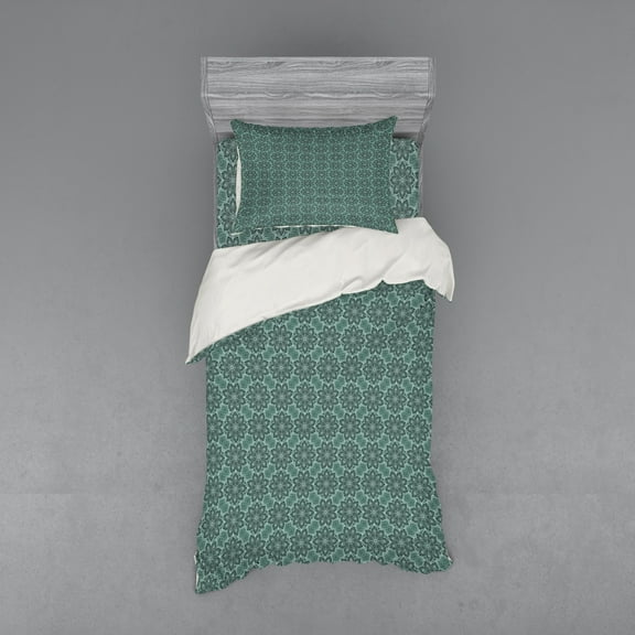 Ambesonne Ethnic Bedding Set 3 Pcs, Folkloric Floral, Twin, Forest Green Seafoam