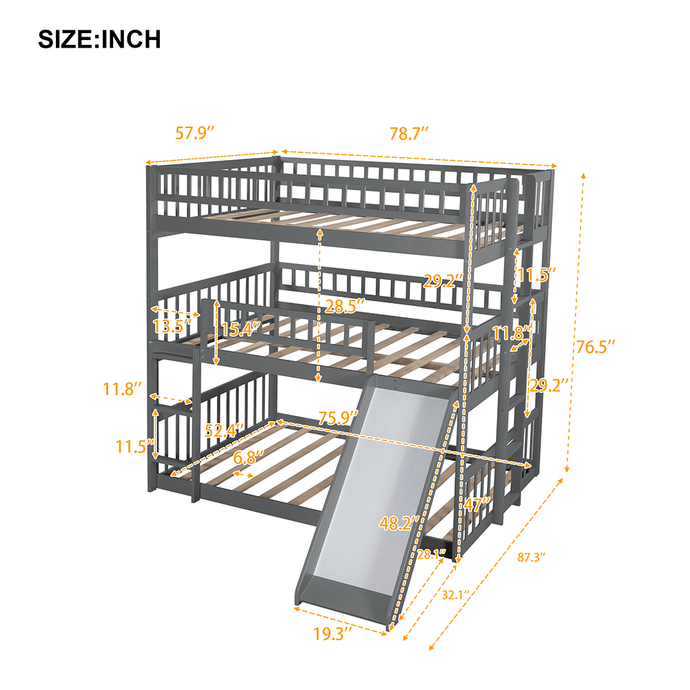Lowestbest Triple Bed, Loft Bed with Built-in Ladder Slide and Guardrails for Kids, Full