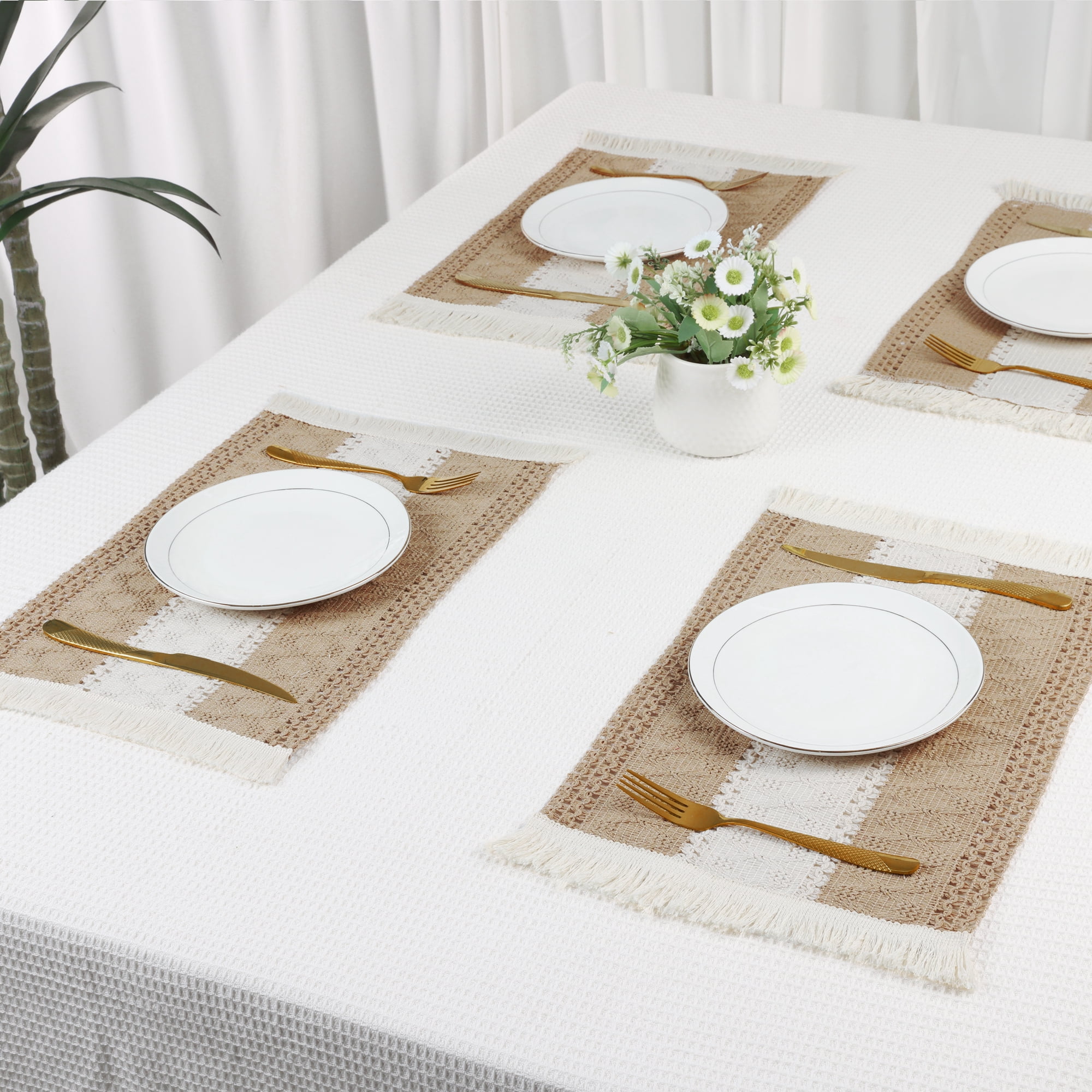 Unique Bargains Set of 4 Farmhouse Placemats for Dining Table Decor Brown-White