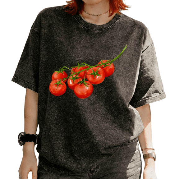 Cozymy Women's Watercolor Cherry Tomatoes on the Vine Graphic Washed Short Sleeve T-Shirt Food and Nature Inspired Tees