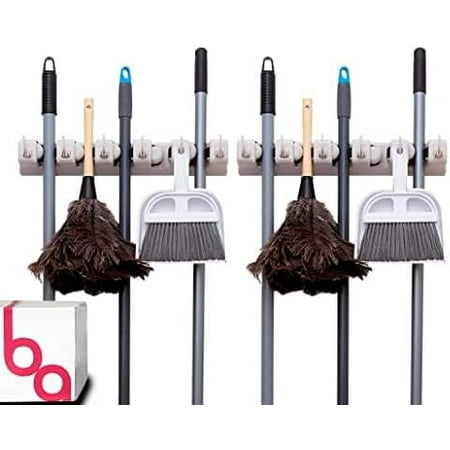 

Broom Holder & Wall Mount Garden Tool Organizer- Kitchen Closet Garage & Laundry Room Storage With 5 Slots And 6 Hooks- Wall Holder For Broom Rake & Mop Handles Up To 1.25” [Beige 2-Pack]