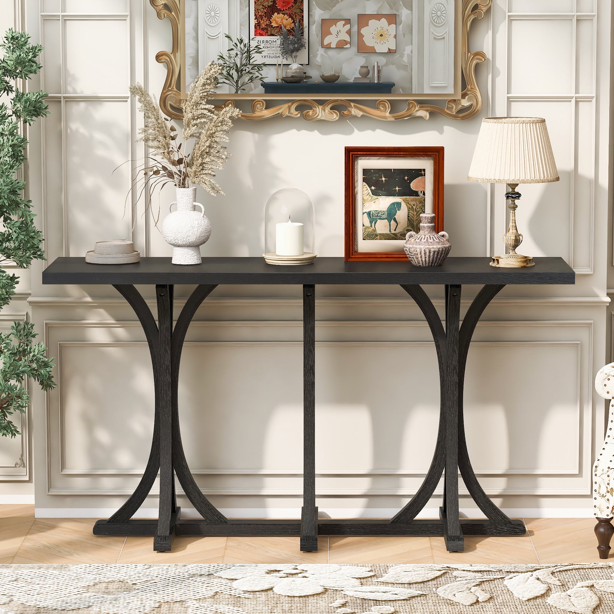 HOQBN 59.8'' Wooden Console Table,Farmhouse Entryway Table with Wood Legs for Living Room,Entryway,Hallway, Dining Spaces,Black