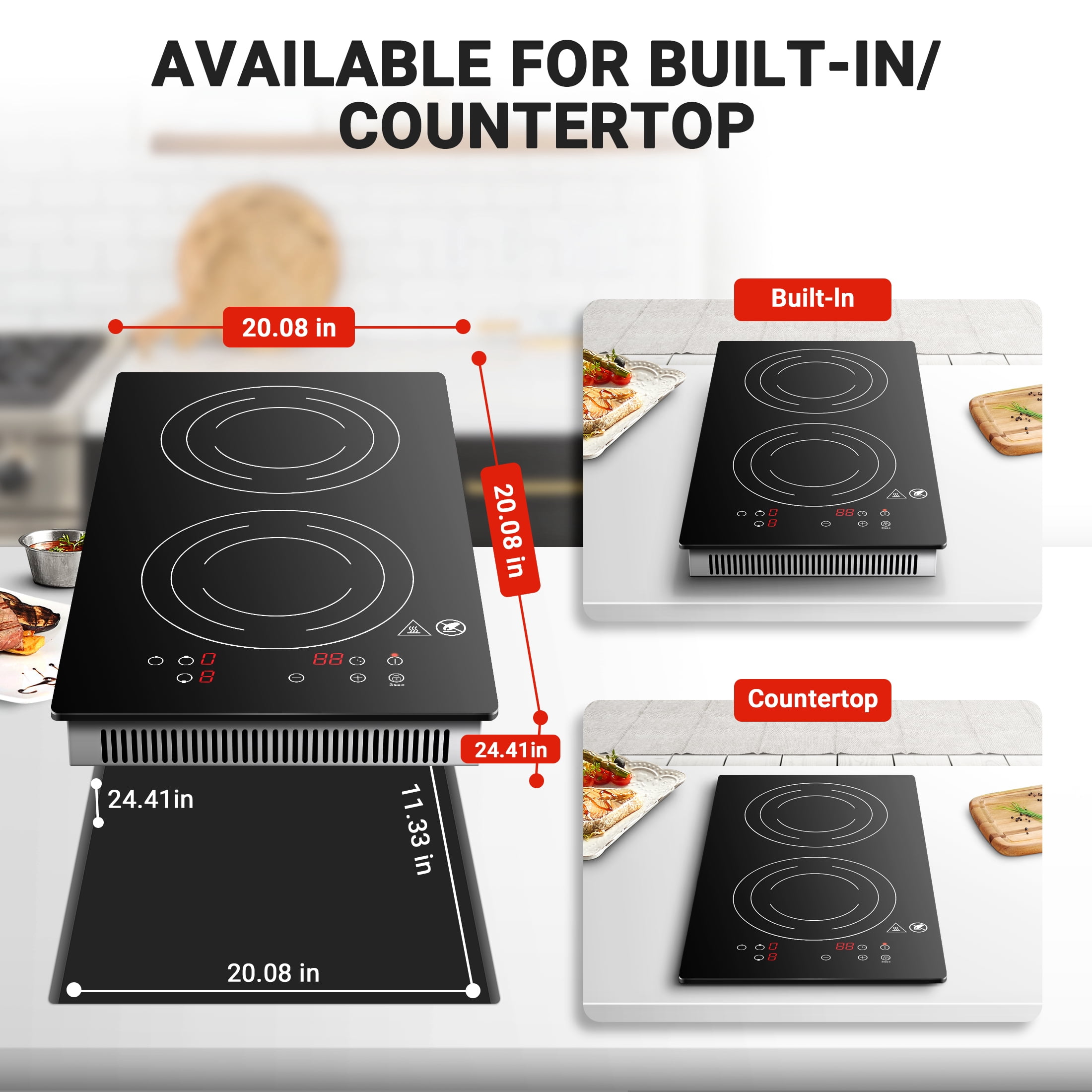 Sunmaki Electric Induction Cooktop 2 Burners, 12" Induction Stove for Fast Cooking, 1800W Electric Stove, Bulit-in&Countertop with Plug, 1800W 120V