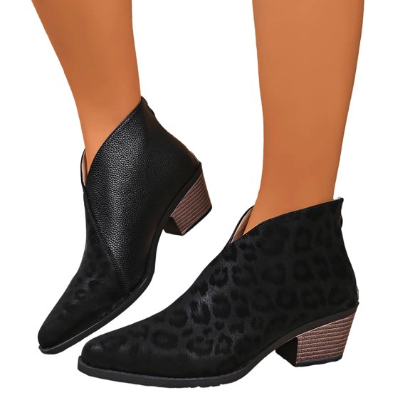 HEWUQI Women Pointed Toe Ankle Boots Leopard Print Chunky Block Heels Fall Winter Slip on Fashion Non Slip Breathable Walking Outdoor Daily Shoes Black Size 8.5