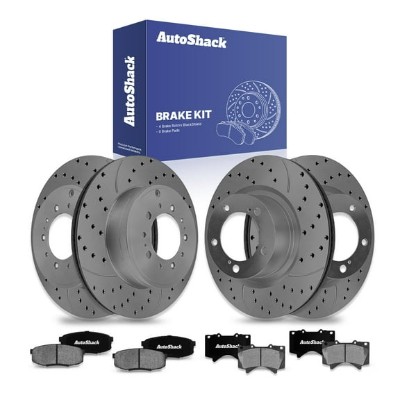 AutoShack Front & Rear Drilled Slotted Brake Rotors Ceramic Brake Pads | Replacement For Lexus LX570 Toyota Sequoia Land Cruiser 2007-2021 Tundra | Black Matte Finish | 12-PC Brake Kit | BlackShield