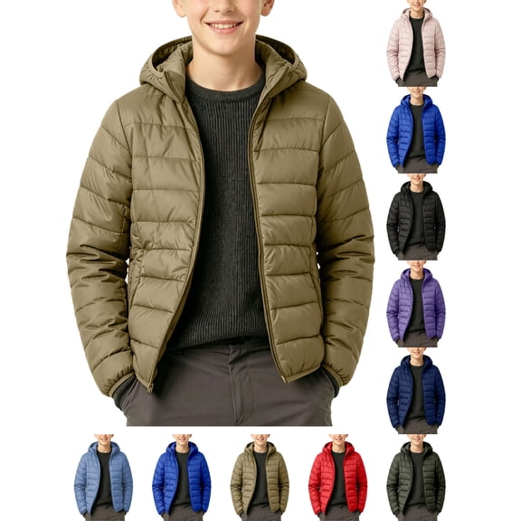 Winter Coats For Boys Children's Winter Solid Color Long Sleeve Hooded Zipper Quilted Coat Keep Warm Coat Kids Khaki 9-10Years