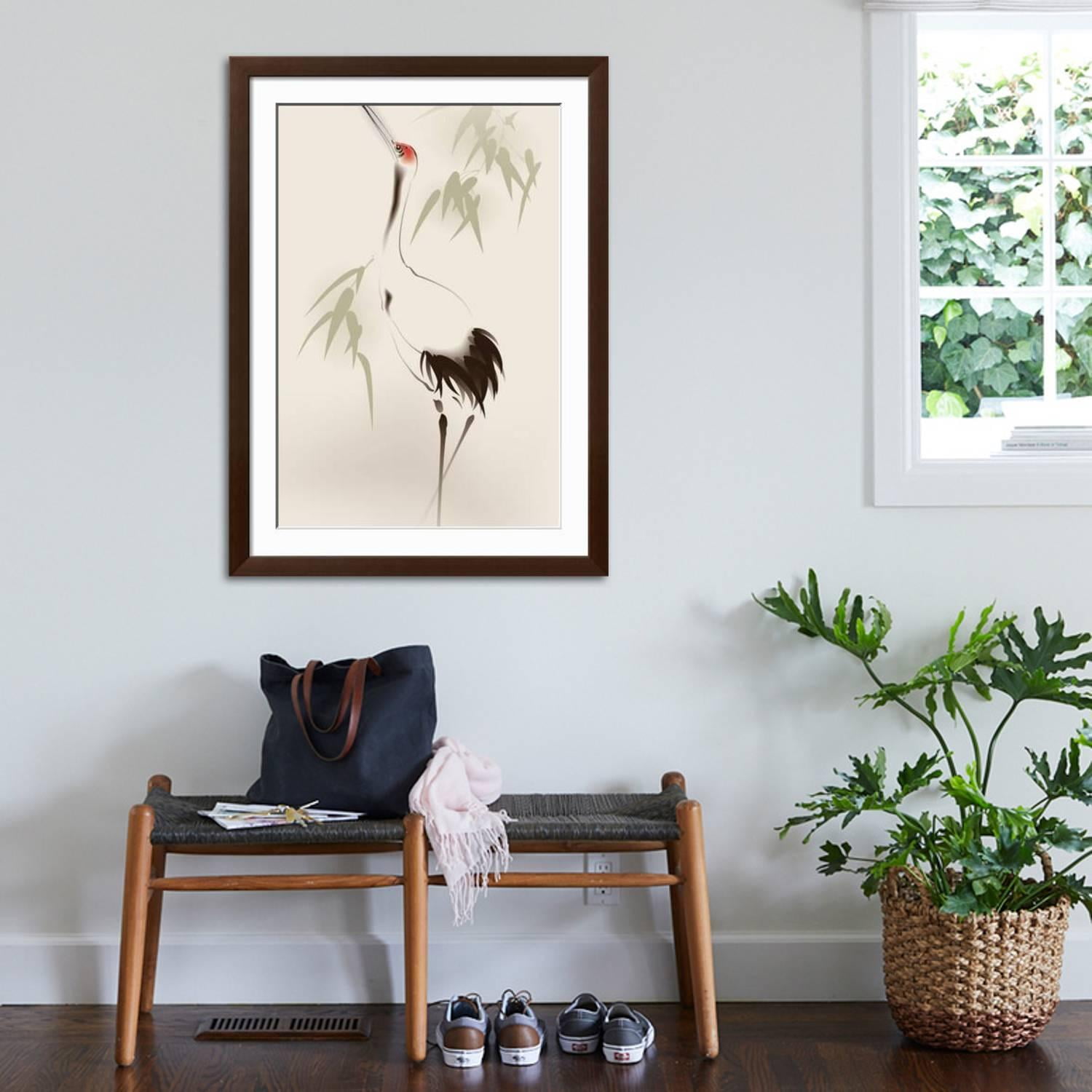 Art.com Oriental Style Painting, Red-Crowned Crane Art Print by ori-artiste, Brown Frame Wall Art, 32" x 44"