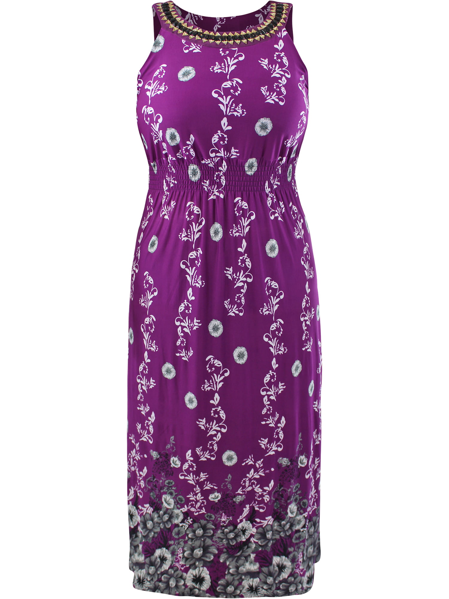 Luxury Divas - Floral Print Plus Size Sun Dress With Jeweled Neck ...